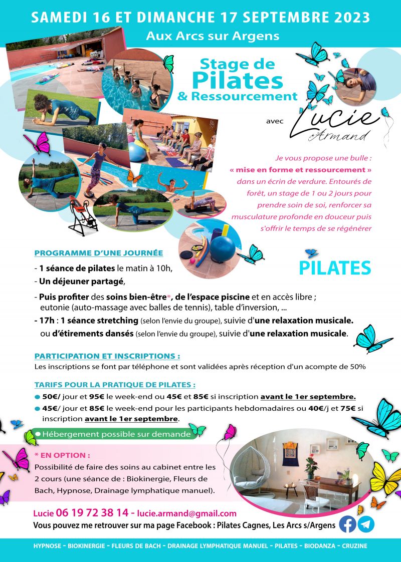 Affiche Stage Pilates avec Lucie Armand, les 16 et 17 septembre 2023